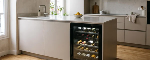 Cave à vin encastrable moderne intégrée sous plan de travail dans cuisine contemporaine, porte vitrée montrant clayettes garnies de bouteilles, affichage température numérique visible