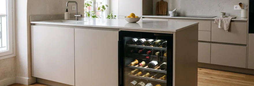 Cave à vin encastrable moderne intégrée sous plan de travail dans cuisine contemporaine, porte vitrée montrant clayettes garnies de bouteilles, affichage température numérique visible