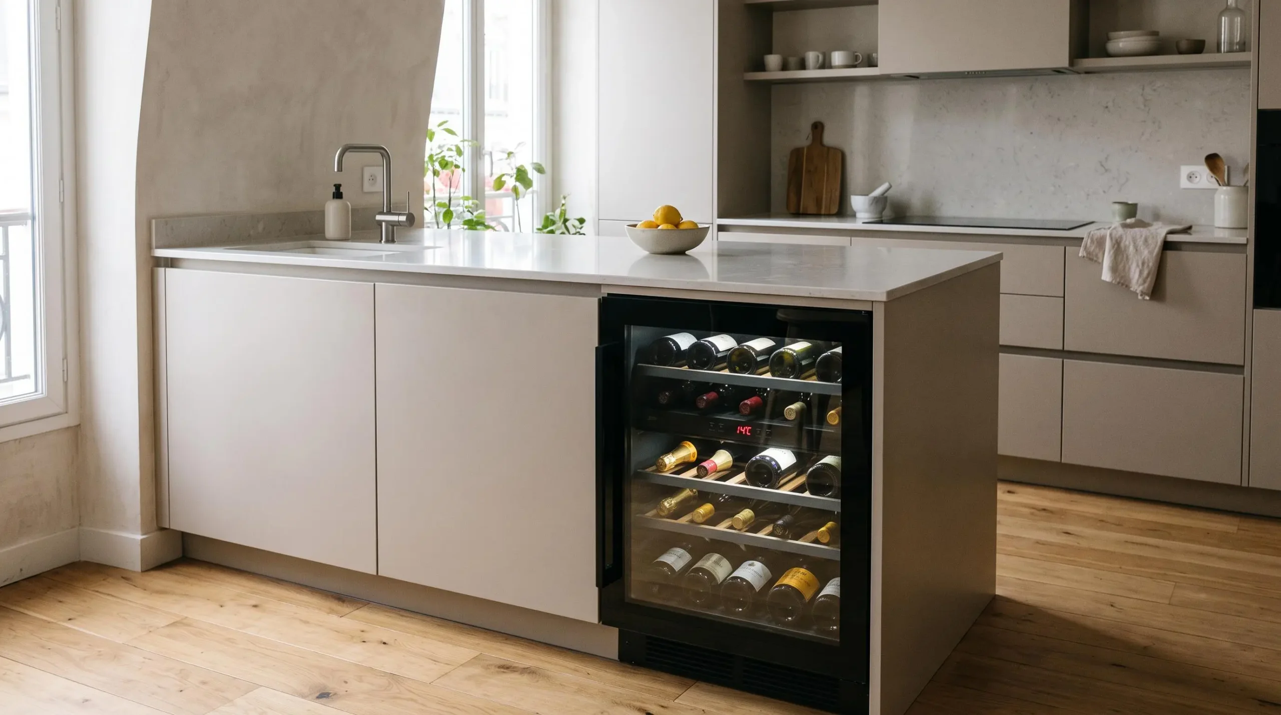 Cave à vin encastrable moderne intégrée sous plan de travail dans cuisine contemporaine, porte vitrée montrant clayettes garnies de bouteilles, affichage température numérique visible
