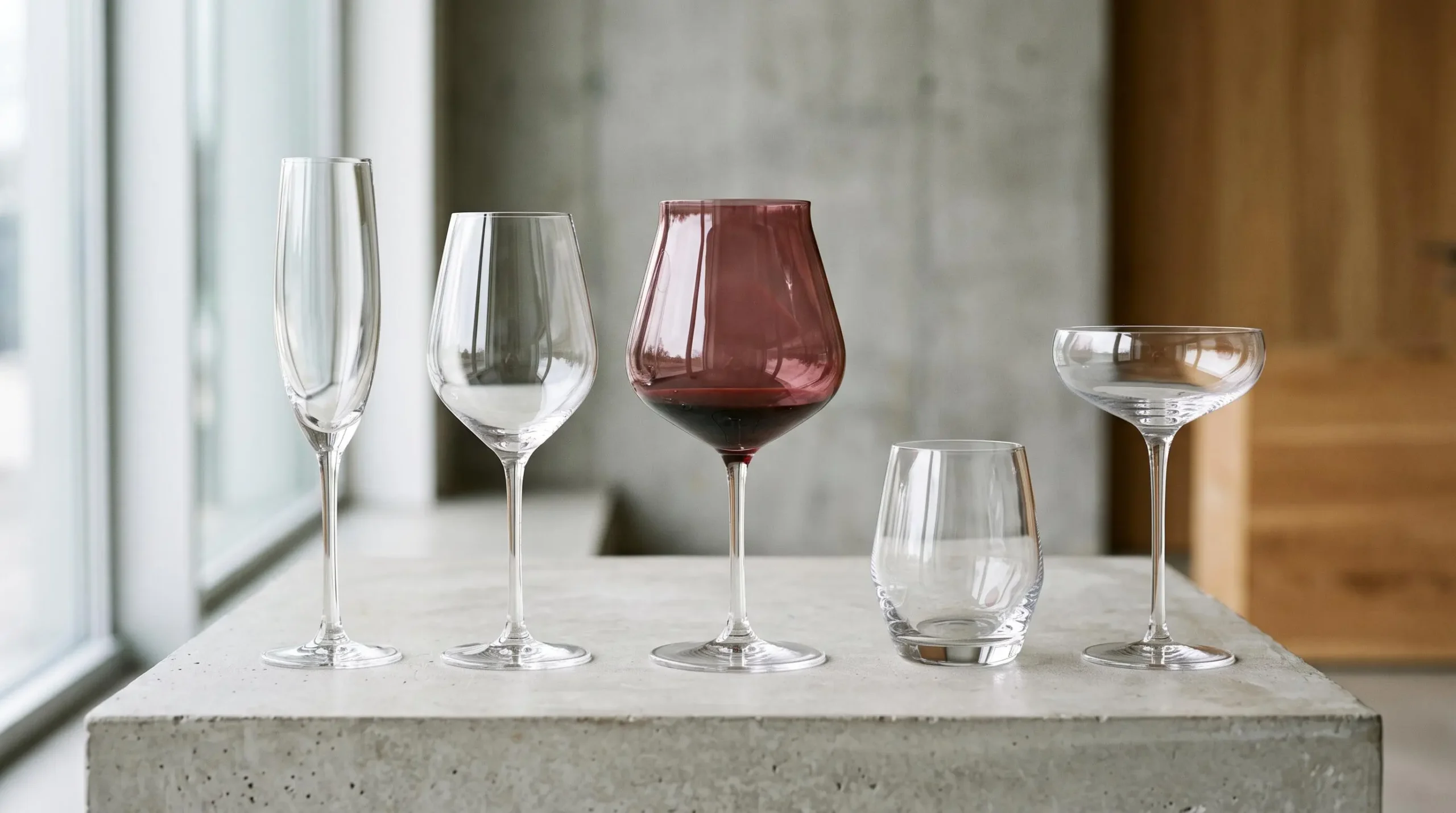 Collection de verres contemporains aux formes variées, présentés sur une surface épurée avec un éclairage mettant en valeur leur transparence
