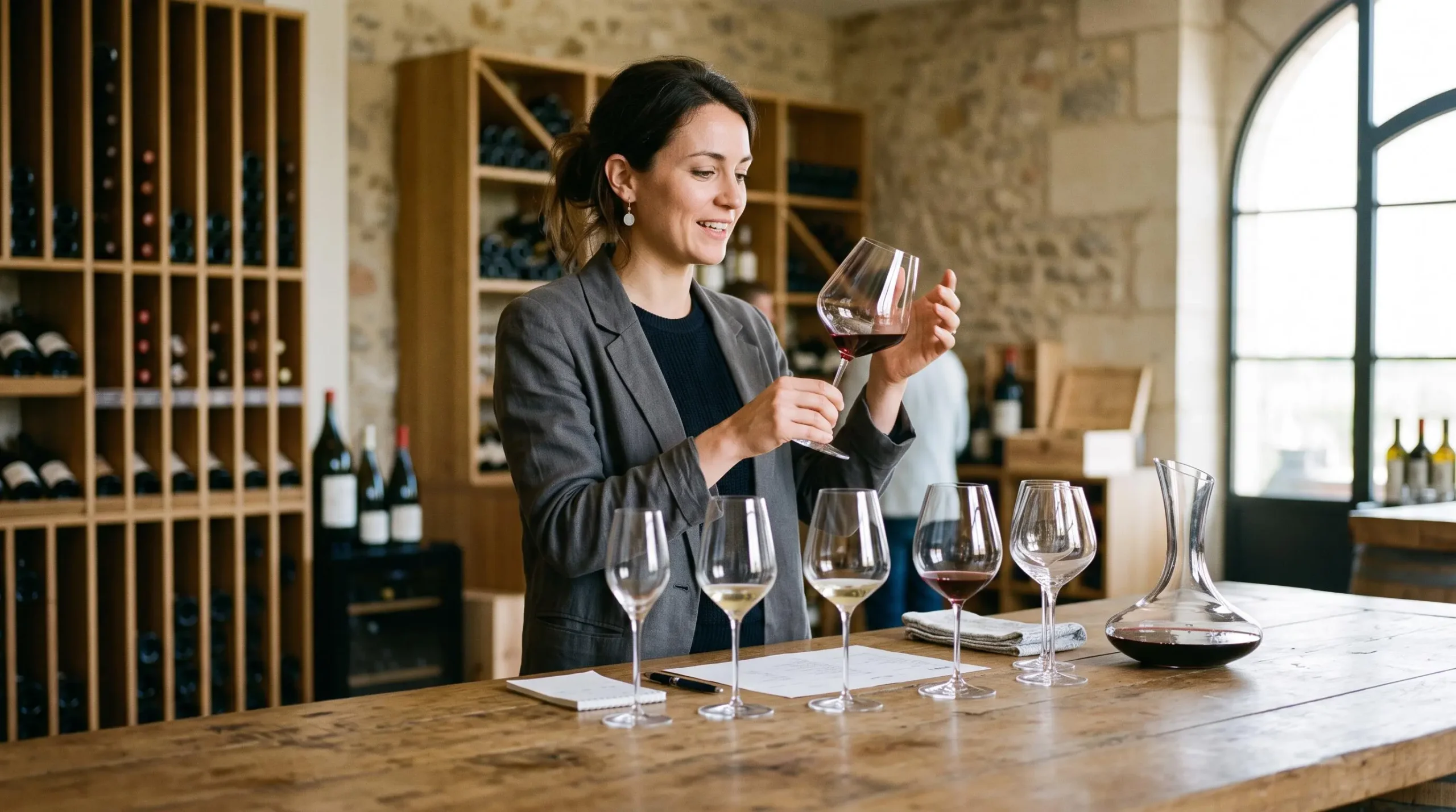 Une professionnelle du vin présente des verres spécialisés dans un espace de dégustation contemporain