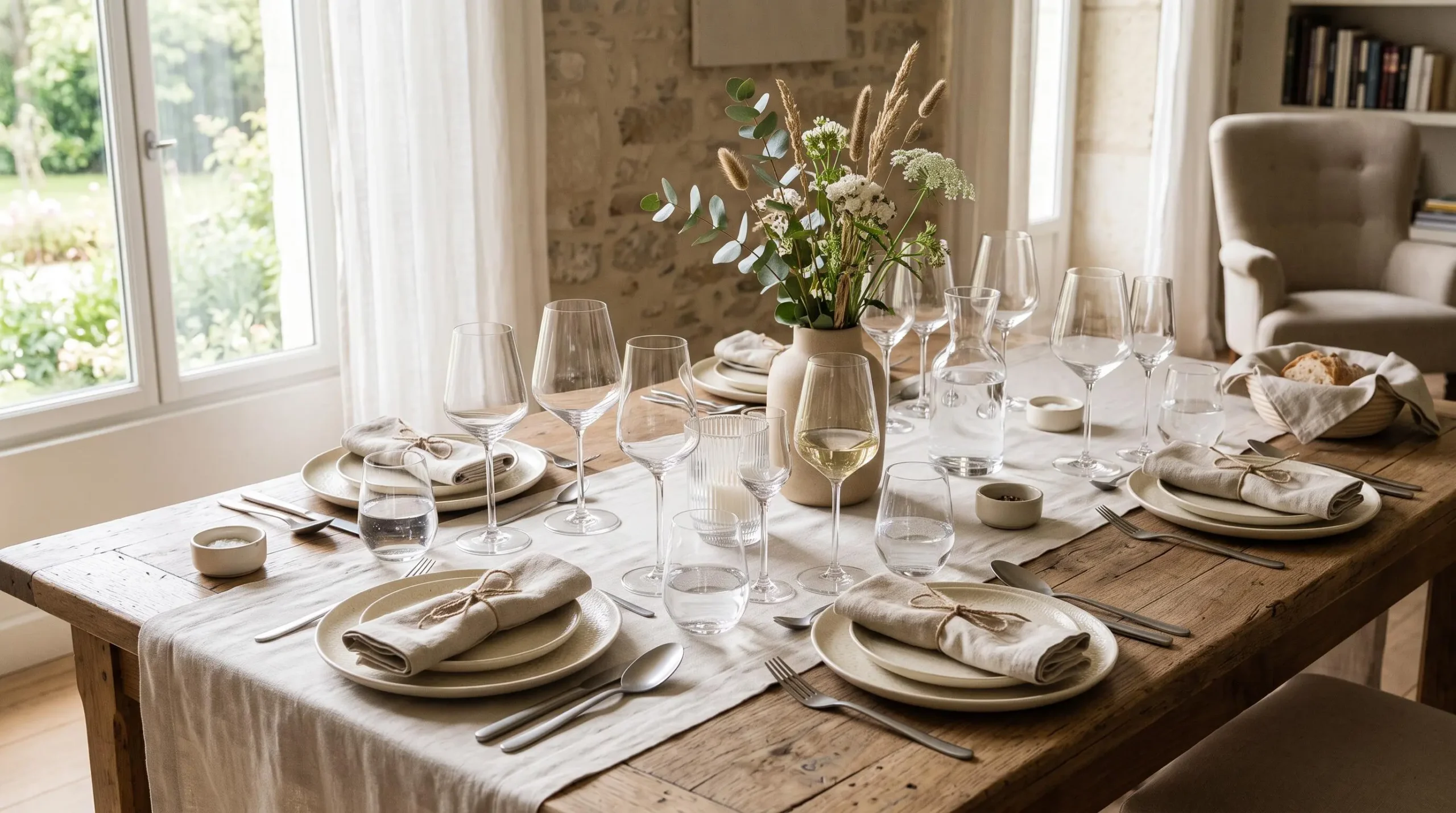 Table dressée avec une collection de verrerie contemporaine dans un intérieur français moderne, éclairée par la lumière naturelle