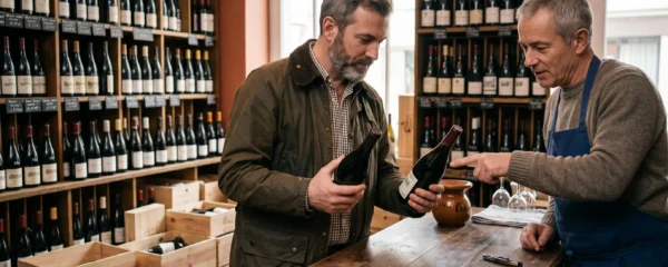 Un client compare deux bouteilles de grand cru au comptoir de dégustation d'une cave française, accompagné d'un vendeur.